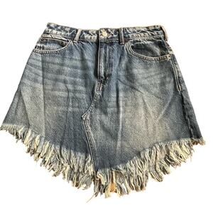 Free People We the Free Skirt Bailey Mini Denim Frayed Hem Sz 28 Pockets Western